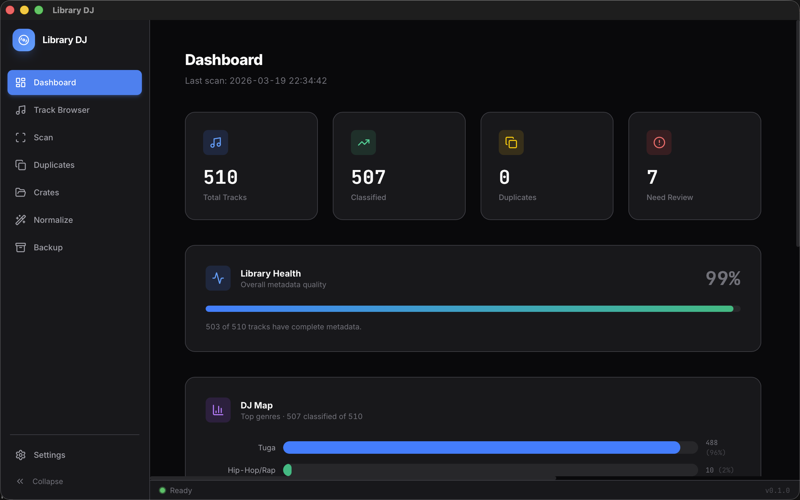 Library DJ dashboard showing track analysis and DJ Map